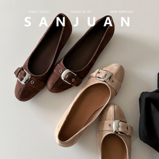羊皮版sanjuan三卷内增高单鞋圆头浅口复古设计感配裙子女鞋春夏