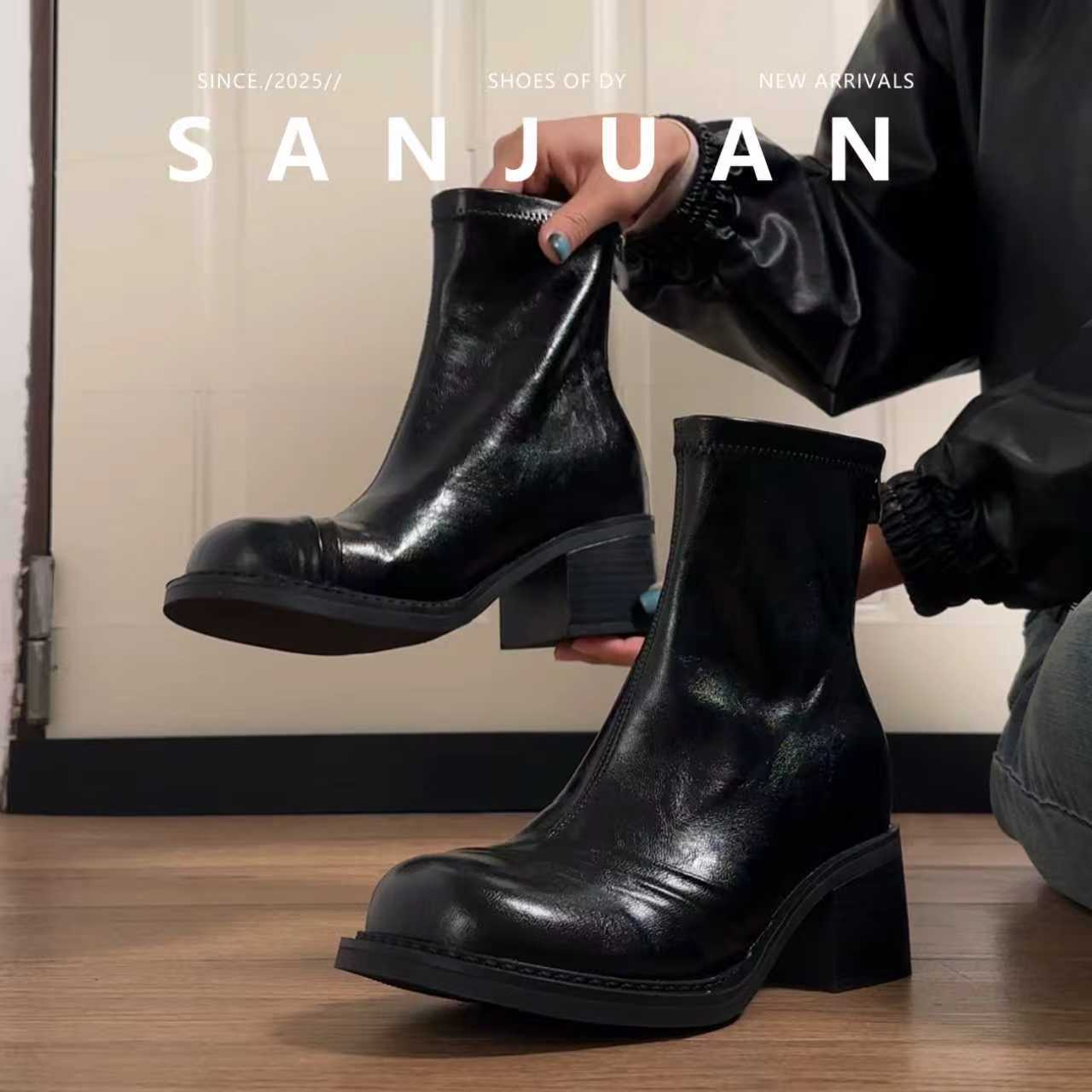 羊皮版sanjuan三卷粗跟短靴厚底马丁靴英伦机车靴小个子秋冬单靴