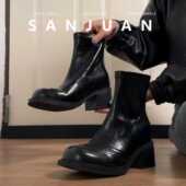 羊皮版 sanjuan三卷粗跟短靴厚底马丁靴英伦机车靴小个子秋冬单靴