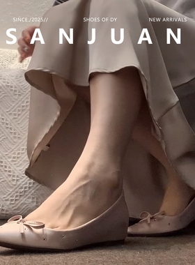 羊皮版sanjuan三卷内增高单鞋粉色蝴蝶结芭蕾鞋女浅口平底鞋尖头