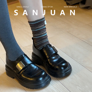 羊皮版sanjuan三卷复古厚底乐福鞋子内增高小皮鞋小个子2026新款