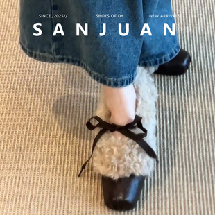 三卷sanjuan玛丽珍毛毛鞋女冬加绒小皮鞋法式复古保暖内增高单鞋