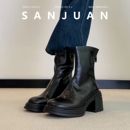 羊皮版sanjuan三卷厚底短靴内增高瘦瘦靴冬季加绒粗跟马丁靴黑色