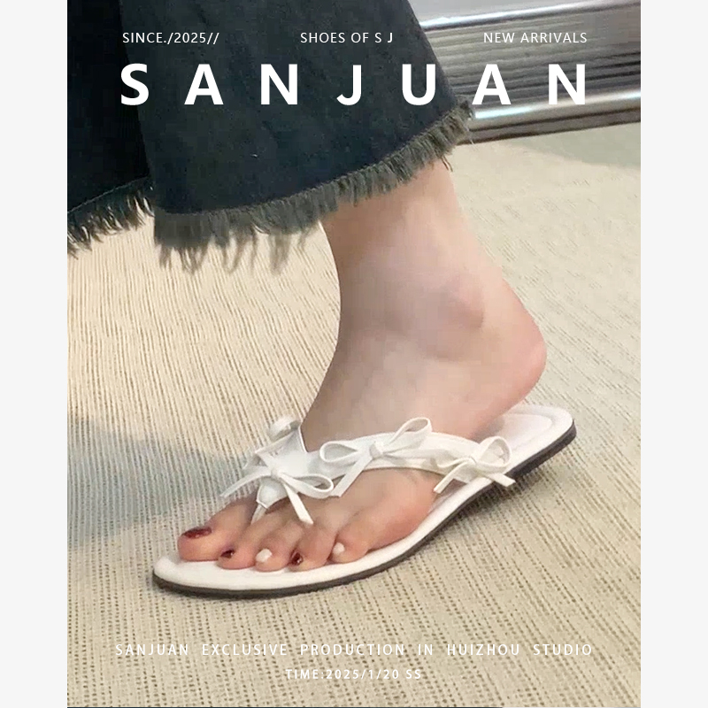 三卷sanjuan法式方头人字拖凉鞋女夏季外穿通勤新款露夹趾平底跟