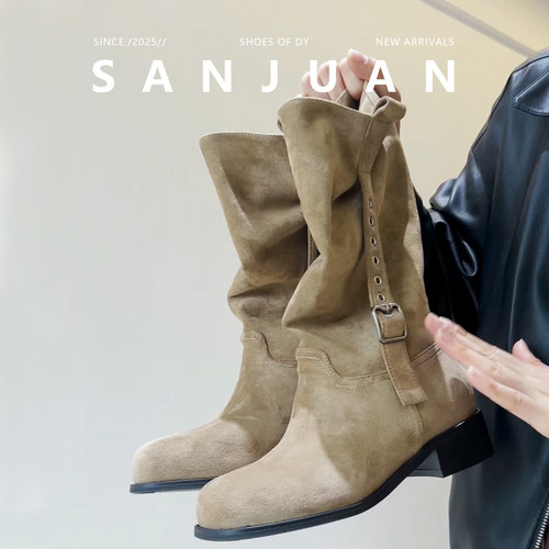 法式复古方头粗跟短靴马丁靴百搭