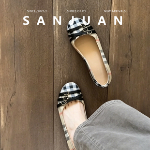 羊皮版sanjuan三卷平底单鞋女夏格纹配裙子浅口鞋小个子增高单鞋