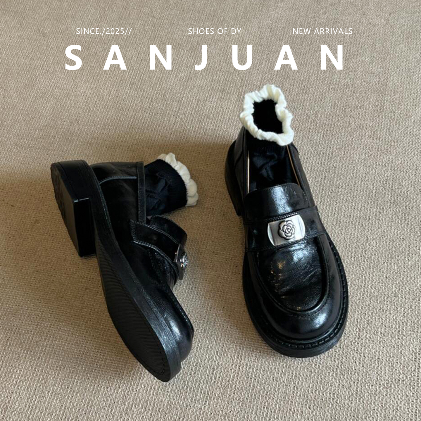 黑色/棕色山茶花厚底粗跟单鞋