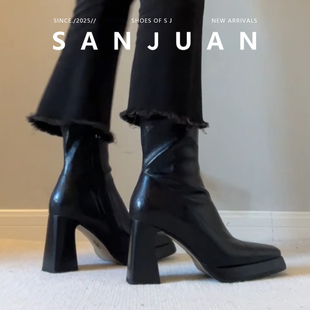 羊皮版sanjuan三卷高跟短靴方头瘦瘦靴弹力小个子马丁靴粗跟单靴