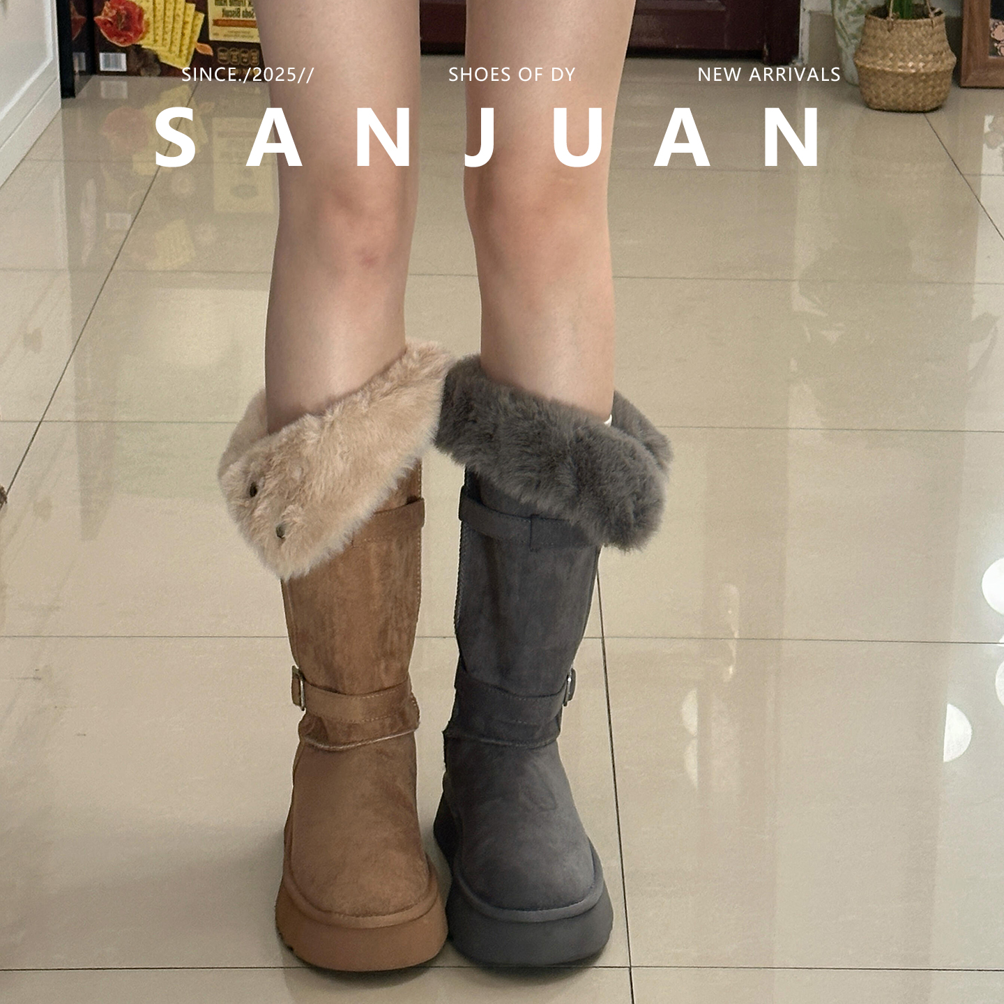 【三卷】时髦皮带扣两穿毛毛靴子保暖加绒百搭雪地靴2025冬季新款