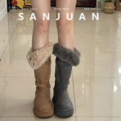 羊皮版 sanjuan三卷两穿毛毛靴子保暖加绒厚底雪地靴百搭中筒靴女