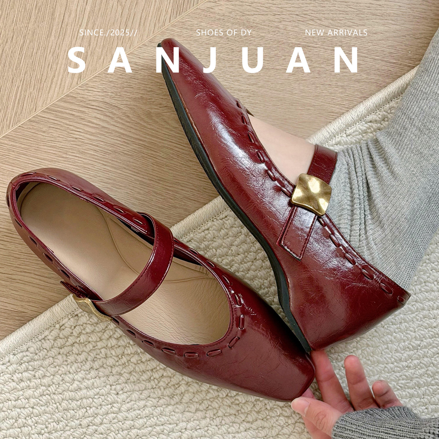 羊皮版sanjuan三卷法式内增高单鞋酒红色复古玛丽珍女鞋春夏皮鞋