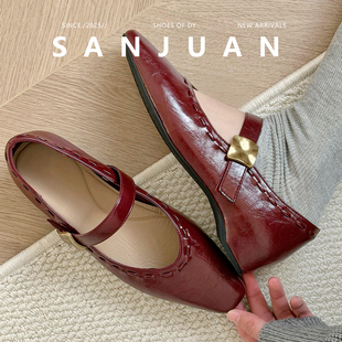 羊皮版sanjuan三卷法式内增高单鞋酒红色复古玛丽珍女鞋春夏皮鞋