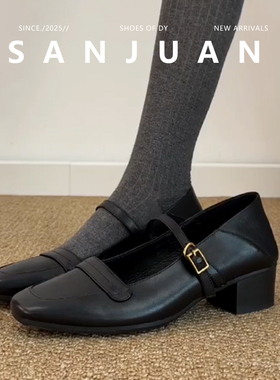 羊皮版sanjuan三卷复古玛丽珍女鞋粗跟单鞋方头浅口鞋子2026新款