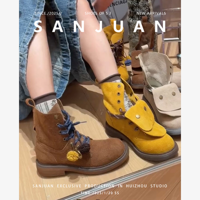 牛皮短靴圆头平底马丁靴棕色绒面