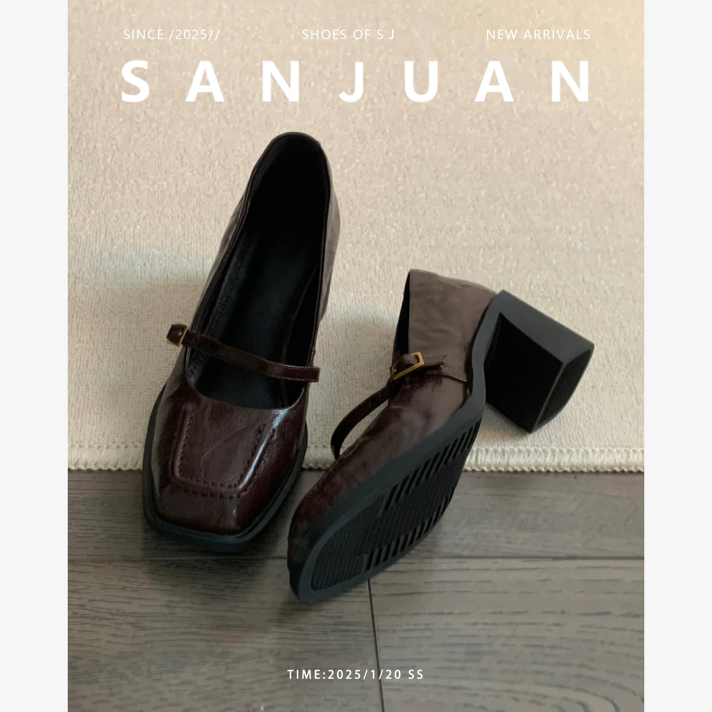 羊皮版sanjuan三卷法式复古方头玛丽珍女鞋粗跟高跟单鞋女小皮鞋