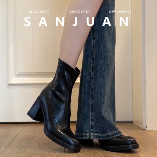 显高显瘦小个子高跟粗跟时尚靴子