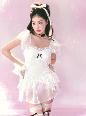 罗卡艺原创新款高级感白色纱裙复古辣妹显瘦遮肚温泉度假游泳衣女