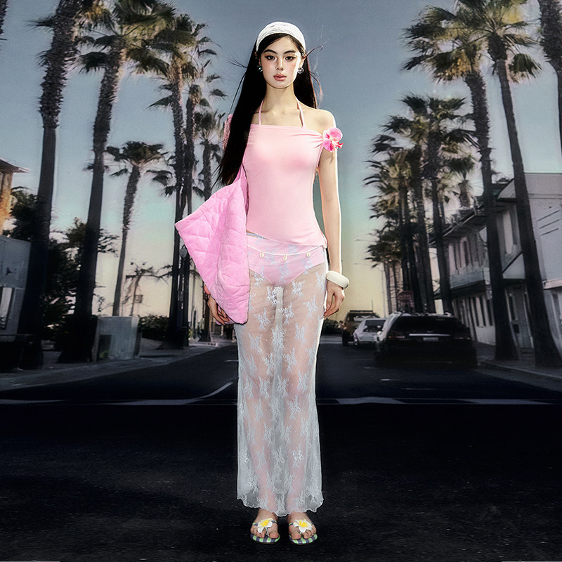 罗卡艺2025新款粉色斜肩短袖蕾丝长裙显瘦性感比基尼度假泳衣女,运动/瑜伽/健身/球迷用品,分体泳衣,淘宝优惠券,粉丝福利购,淘宝优惠卷