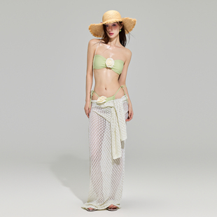 罗卡艺2025新款 绿色山茶花比基尼针织长裙显瘦度假风分体泳衣女