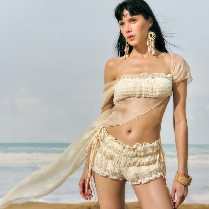 罗卡艺新款方圆同款泰国辣妹头纱褶皱网纱性感平角短裤分体泳衣女