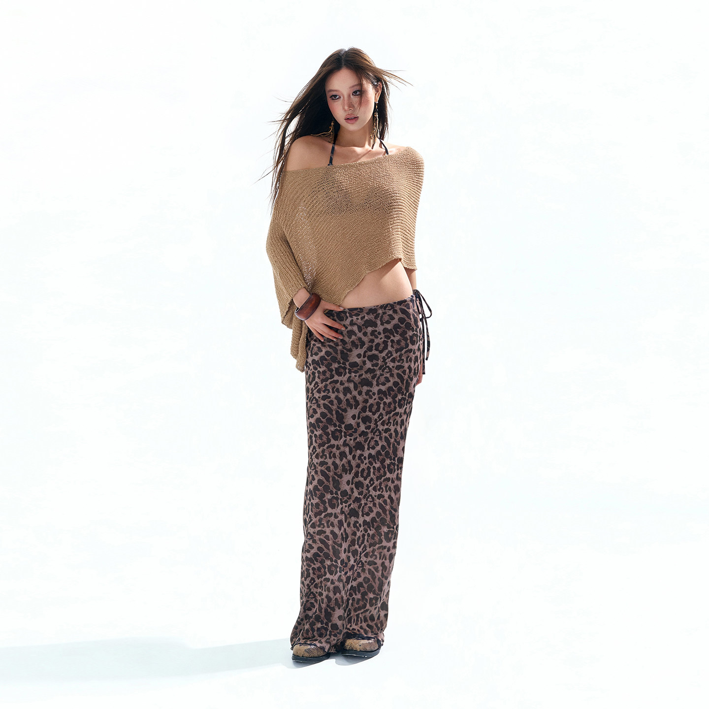 罗卡艺金色披肩豹纹长裙性感比基尼显瘦聚拢温泉度假海岛泳衣女