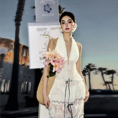 罗卡艺2025新款法式复古辣妹网纱长裙性感露背海边度假沙滩泳衣女