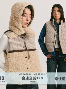 yawhat卡其色格纹拼接仿羊羔毛两面穿棉服马夹秋冬保暖背心外套