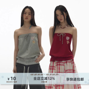 yawhat原创设计章仔印花抽绳松紧抹胸露肩上衣女木耳边显瘦短背心