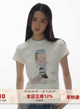 yawhat插画师联名卡通闪粉女孩印花白色圆领短袖t恤女百搭上衣