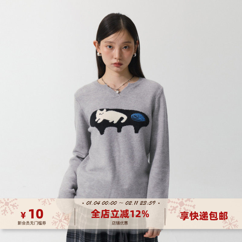yawhat插画师联名"茶几猫"提花刺绣羊毛混纺小v领套头毛衣针织衫
