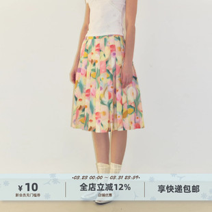 yawhat全棉印花大花百褶半身裙碎花A字裙度夏季 假风花卉中长裙