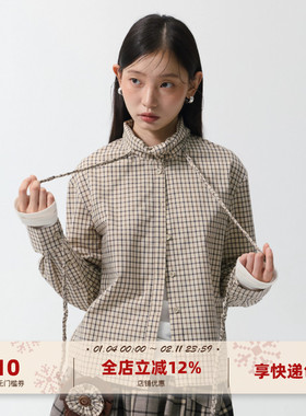 yawhat咖色格纹立领衬衫系带设计感长袖翻领卡其色叠穿衬衣女秋