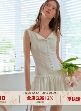 yawhat白色简约翻领无袖单排扣收腰连衣裙花边露背显瘦A字短裙