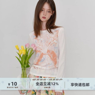 yawhat白色花卉涂鸦印花休闲圆领长袖 上衣女 T恤松弛感微透罩衫