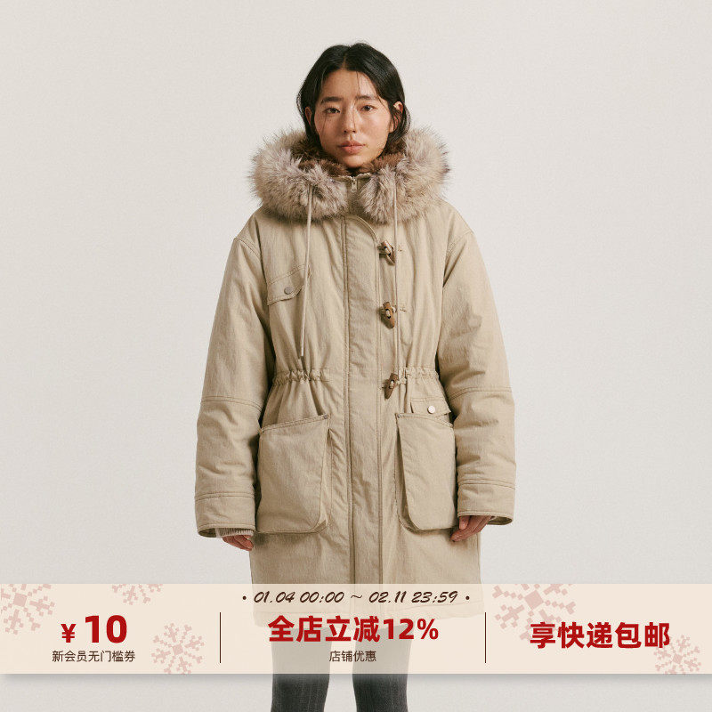 yawhat卡其色连帽可拆卸毛领皮草拼接中长款派克服加厚宽松棉服,女装/女士精品,派克服,淘宝优惠券,粉丝福利购,淘宝优惠卷