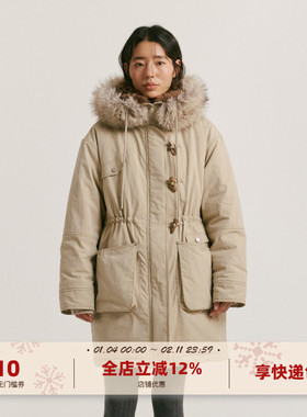 yawhat卡其色连帽可拆卸毛领皮草拼接中长款派克服加厚宽松棉服
