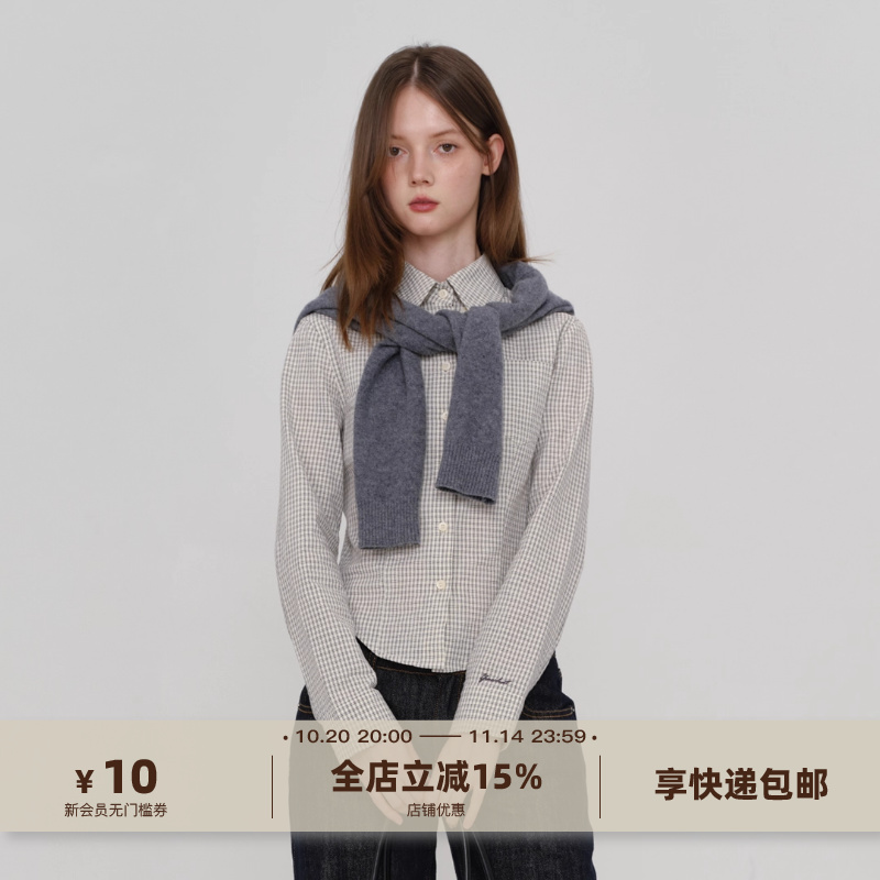 上衣yawhat短款双色长袖格子小众