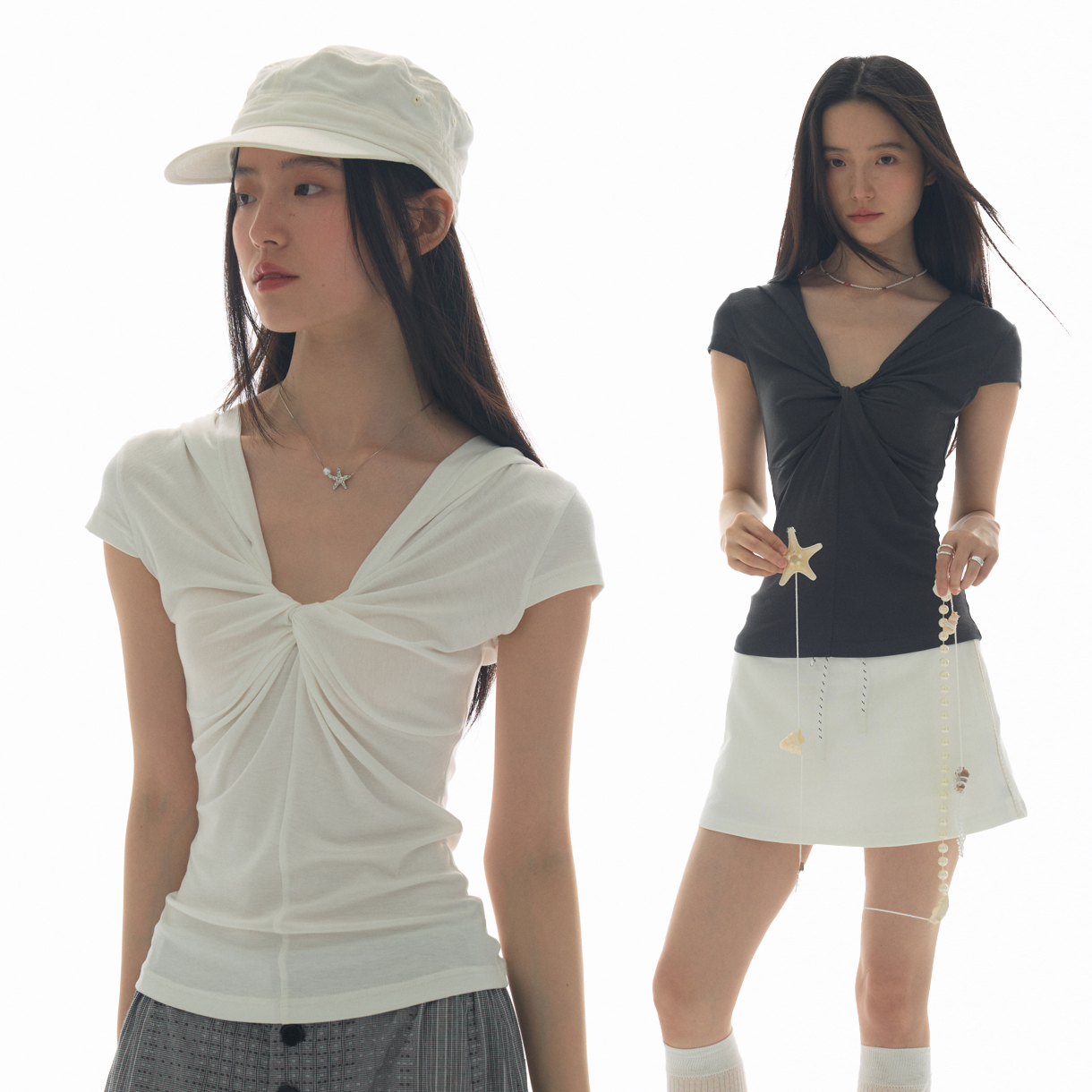 纯色连帽V领扭结短袖T恤女