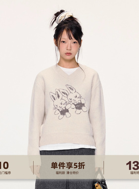 yawhat插画师联名“毛茸茸的好朋友们”提花小V领套头毛衣内搭