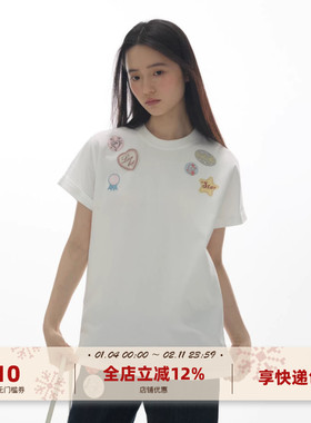 yawhat白色章仔印花绣花圆领纯棉短袖T恤袖翻边落肩宽松休闲上衣