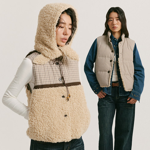yawhat卡其色格纹拼接仿羊羔毛两面穿棉服马夹秋冬保暖背心外套