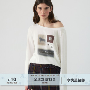 插画师小马印花天丝斜肩白色薄长袖 它们 T恤女 雪山下 yawhat