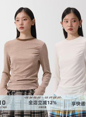 yawhat双色天丝羊毛褶皱不对称拼接撞色圆领打底衫秋冬长袖T恤