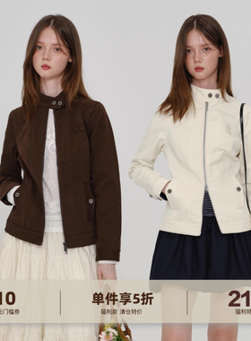 yawhat双色立领短款机车夹克女分割口袋收腰薄款正肩外套贴布绣