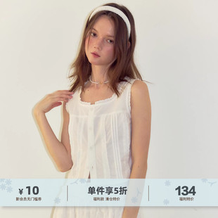 背心纯棉小衫 衬衫 上衣夏 短款 yawhat白色蕾丝花边压褶方领打揽无袖