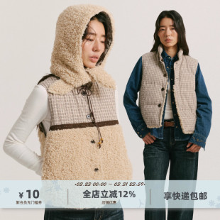 yawhat卡其色格纹拼接仿羊羔毛两面穿棉服马夹秋冬保暖背心外套