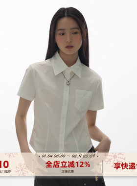 yawhat纯色刺绣简约百搭收腰短袖衬衫纯棉女学院风合身薄款上衣