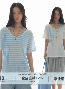 yawhat海螺印花微透条纹航海风天丝短袖T恤女宽松V领斜肩防晒罩衫