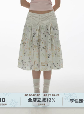 yawhat纯棉碎花印花伞裙抽绳绑带抽褶腰半身裙A字裙小清新薄中裙