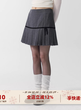 yawhat灰色羊毛毛呢A字半裙丝绒蝴蝶结百褶裙小个子短裙带安全裤